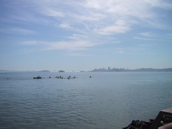 Kayakers in sausalito, the city in the background