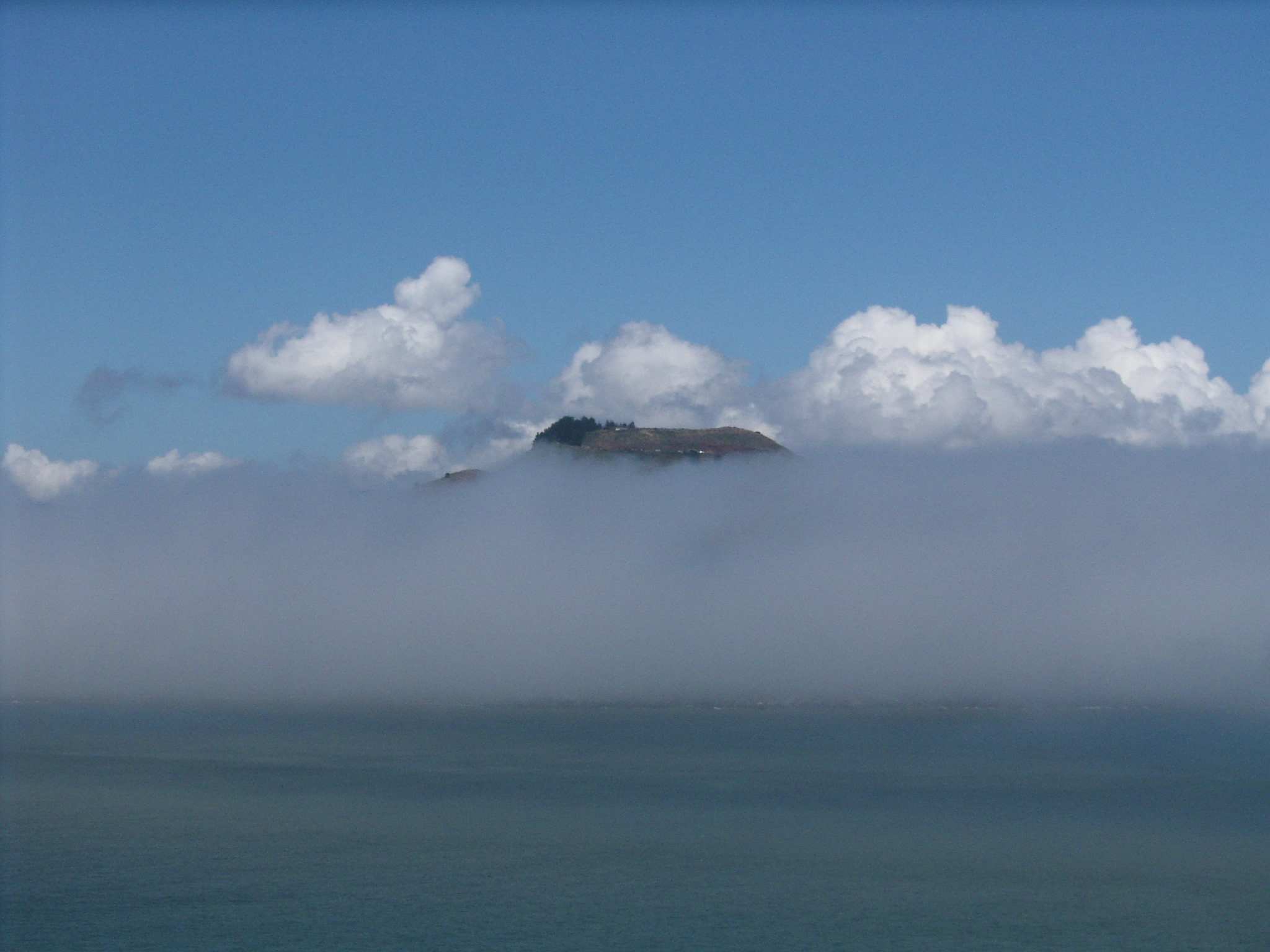 Top of marin headlands emerging from the afternoon fog